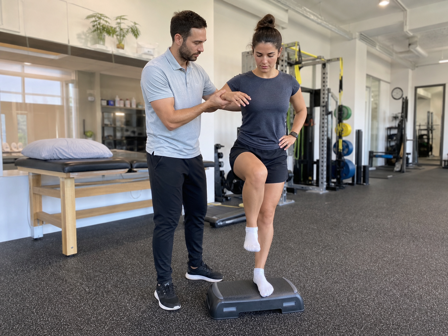 Profissional orientando atleta em exercício de equilíbrio