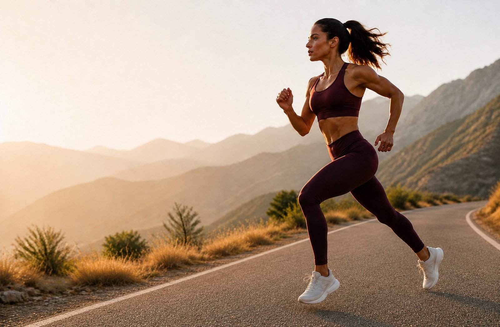 Atleta correndo em estrada de montanha ao entardecer