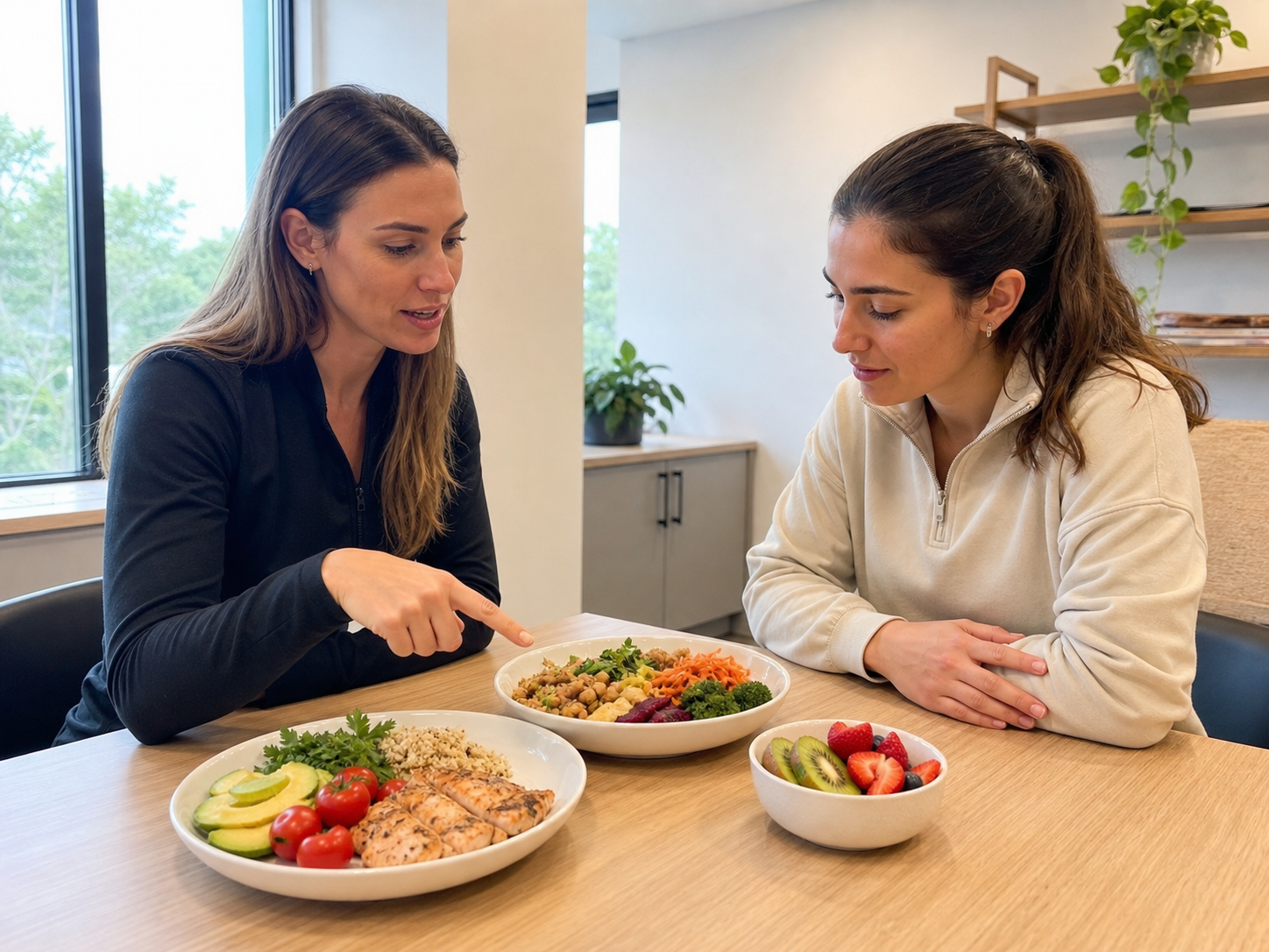 Profissional orientando atleta durante consulta de nutrição